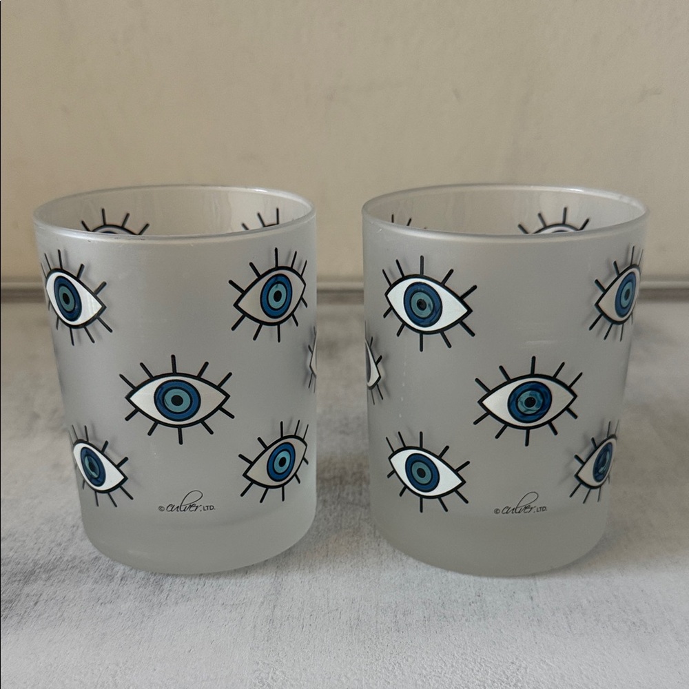 Culver Blue Evil Eye Pattern Frosted 2 Glasses Set
